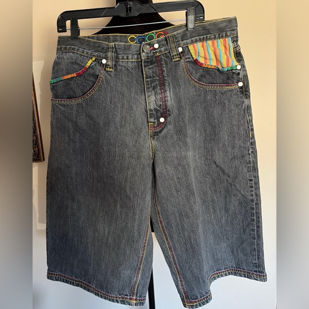 COOGI Y2K Vintage Authentic Black Denim Shorts with Multicolor Stitching Sz 36W - Picture 4 of 8